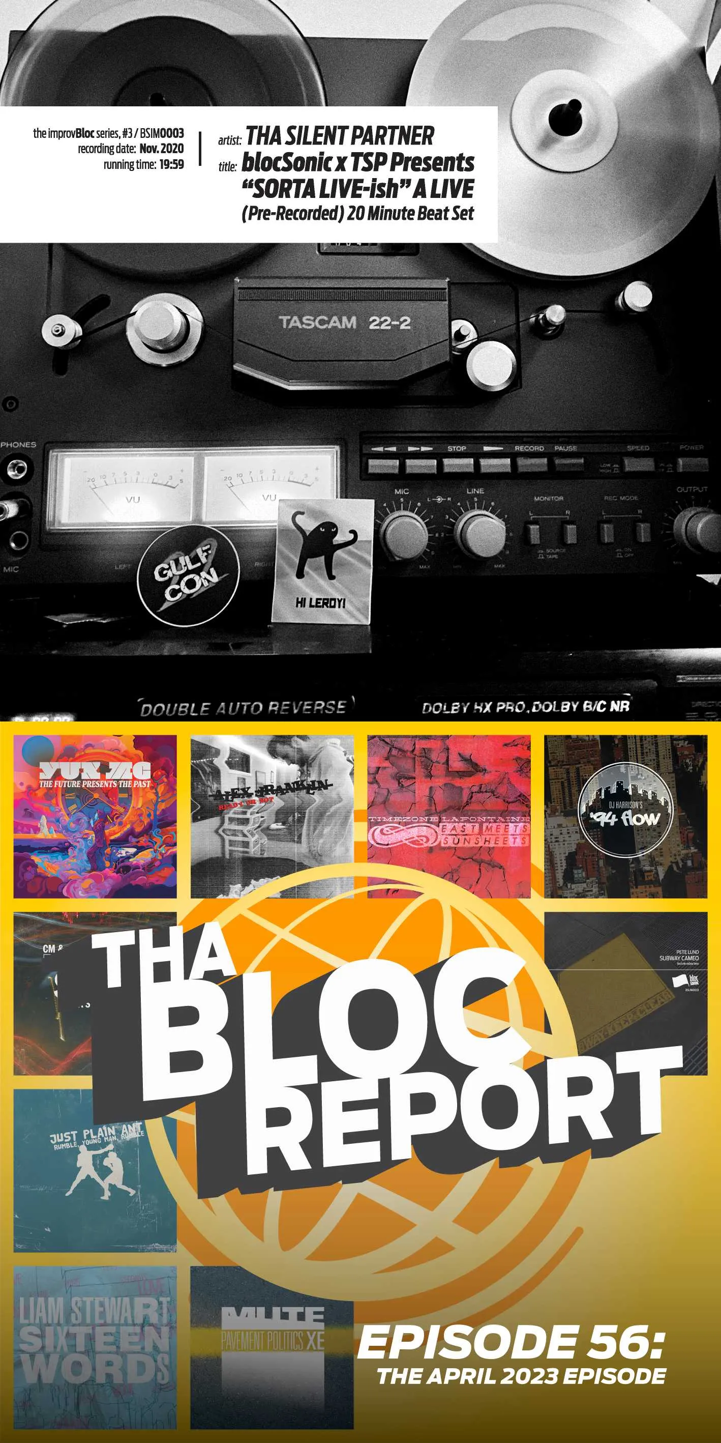 Covers of “‘SORTA LIVE-ish’ A LIVE (Pre-Recorded) 20 Minute Beat Set” and “Tha Bloc Report Episode 56: The April 2023 Episode”