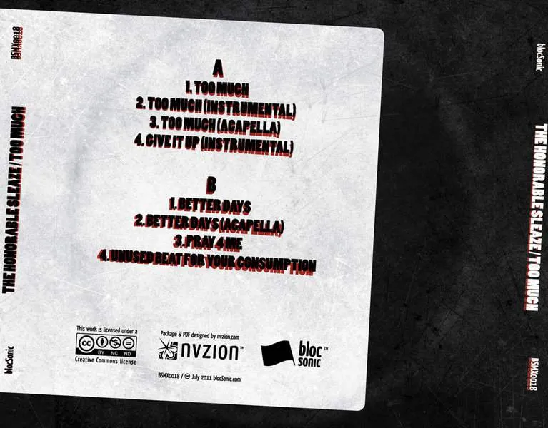Album traycard for “Too Much” by The Honorable Sleaze
