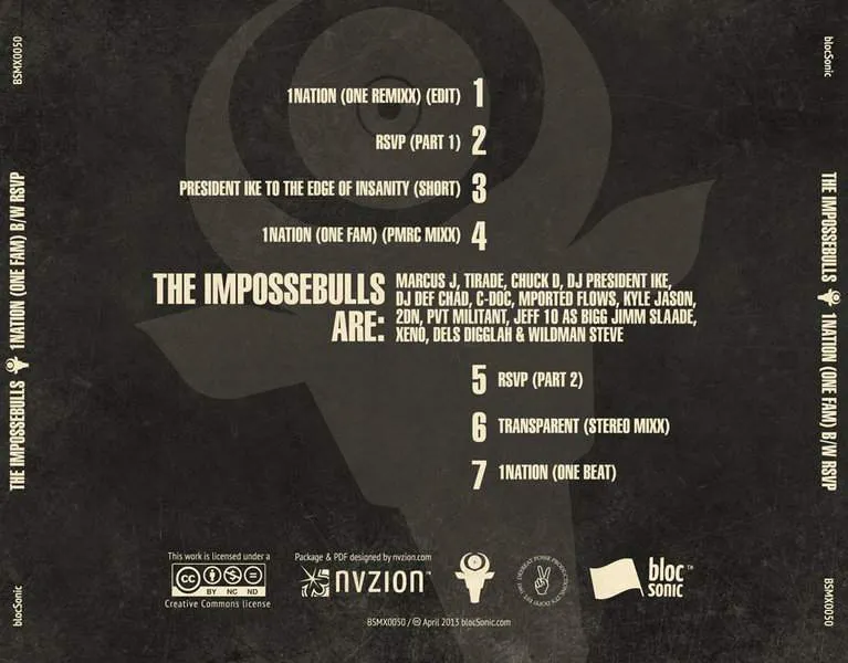 Album traycard for “1Nation (One Fam) B/W RSVP” by The Impossebulls