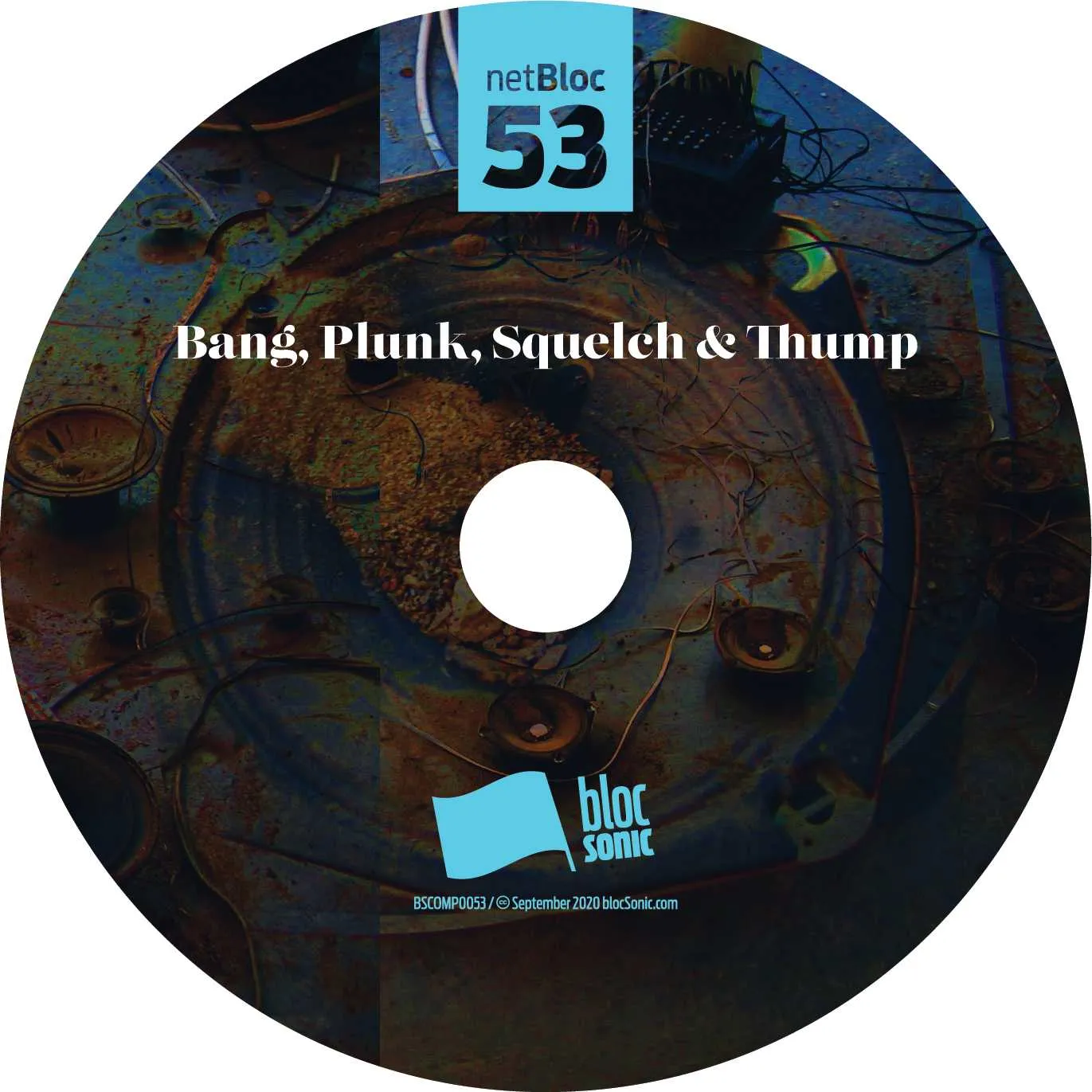 Album disc for “netBloc Vol. 53: Bang, Plunk, Squelch &amp; Thump” by Various Artists