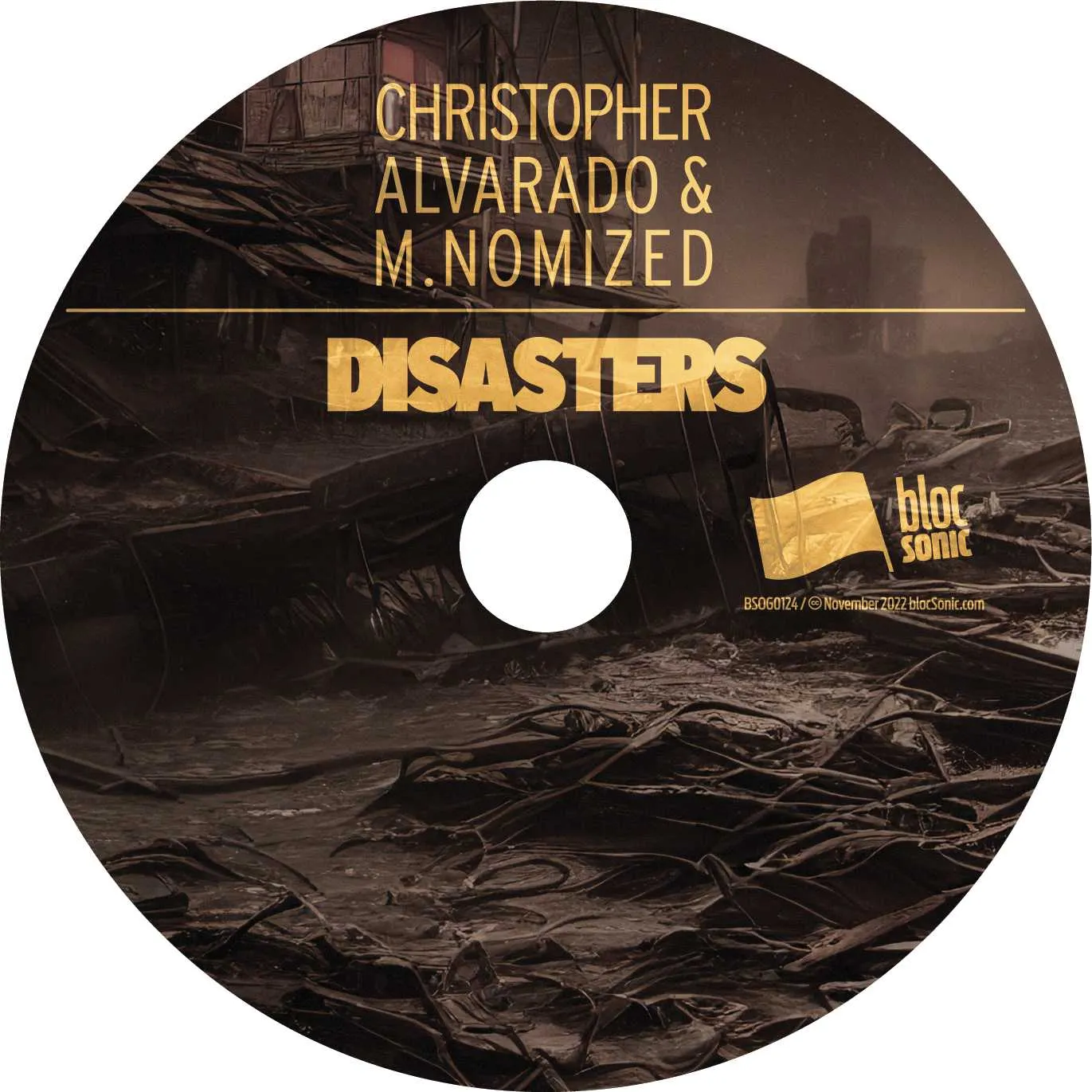 Album disc for “Disasters” by Christopher Alvarado &amp; M.Nomized