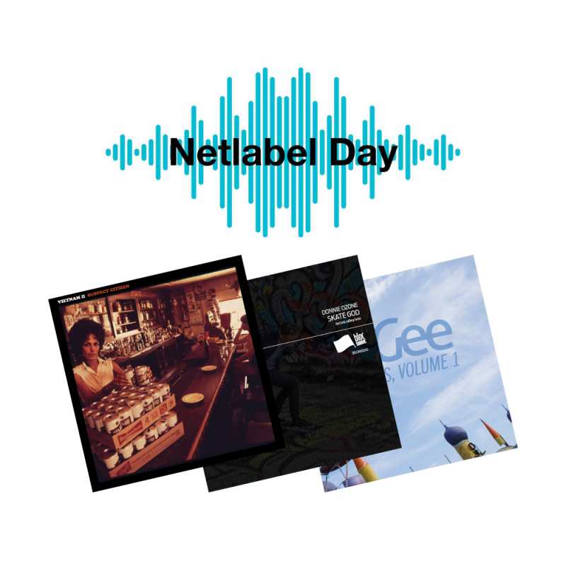 Image containing Netlabel Day logo and covers of three blocSonic releases