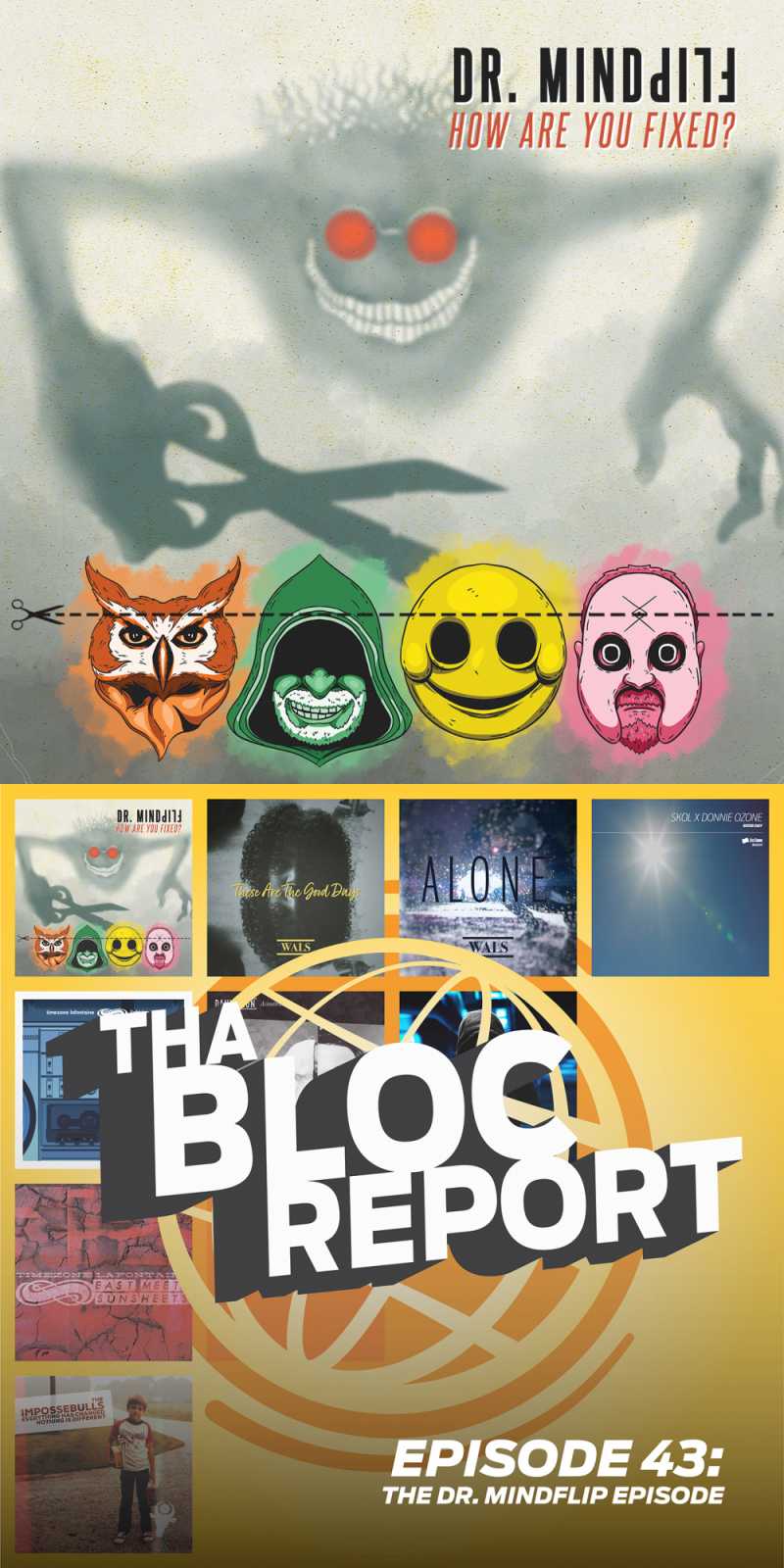 Image containing cover of Dr. Mindflip’s new album “How are you fixed?” and graphic representing Episode 43 of Tha Bloc Report